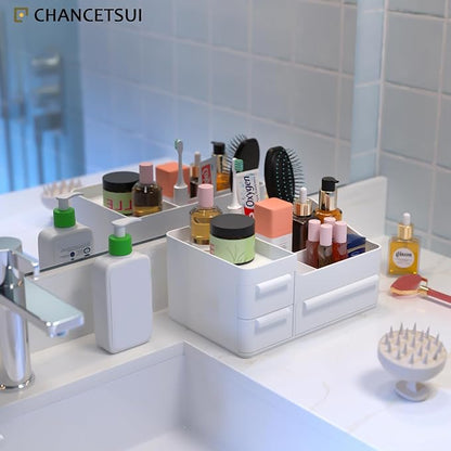 CHANCETSUI Makeup Organizer with Drawers, Makeup Desk Organizer, Bathroom Countertop Organizer for Cosmetics, Vanity Holder for Lipstick, Makeup Brush Holder, White