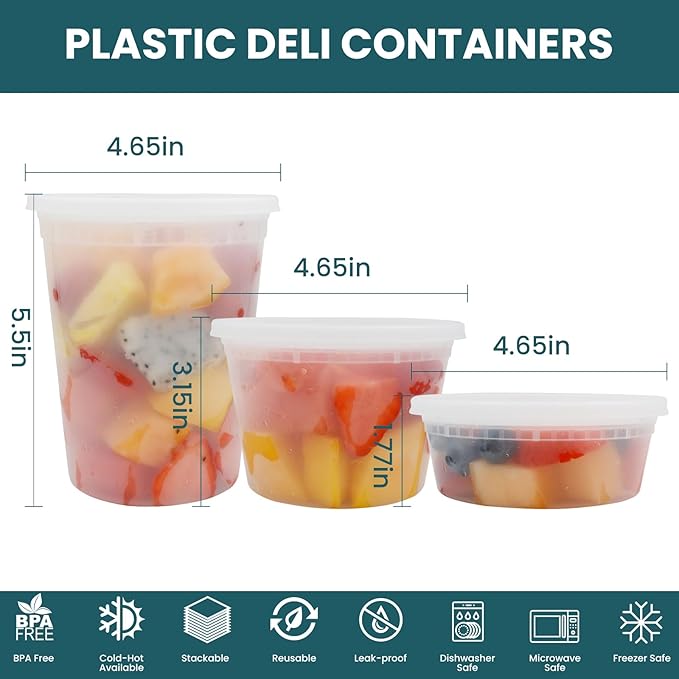 WGCC Deli Containers with Lids 48 Sets- Disposable Soup Containers 8oz, 16oz, 32oz - Plastic Containers with Lids, Food Container Leakproof, BPA Free/Microwave/Freezer/Dishwasher Safe