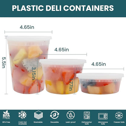 WGCC Deli Containers with Lids 48 Sets- Disposable Soup Containers 8oz, 16oz, 32oz - Plastic Containers with Lids, Food Container Leakproof, BPA Free/Microwave/Freezer/Dishwasher Safe