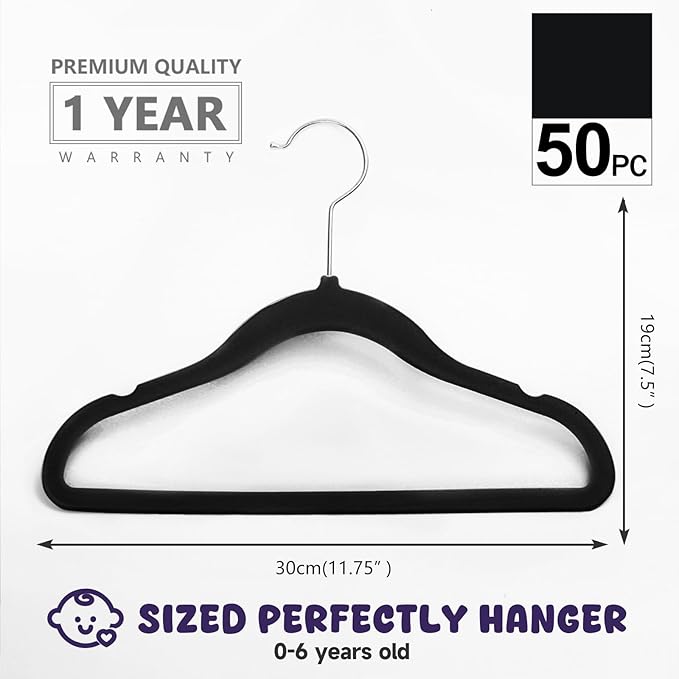 MIZGI Baby Velvet Hangers,Non-Slip Kids & Toddler Hangers,11.8 Inch Hangers for Baby Clothes,Pack of 50（Black/Silver）