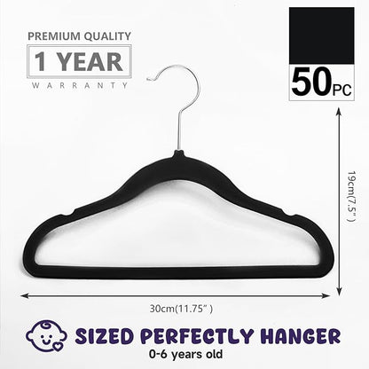 MIZGI Baby Velvet Hangers,Non-Slip Kids & Toddler Hangers,11.8 Inch Hangers for Baby Clothes,Pack of 50（Black/Silver）
