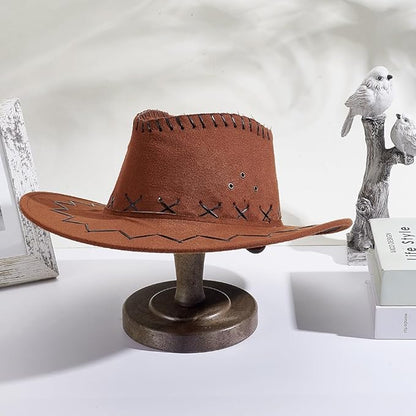 Cowboy Hat Stand Vintage Tabletop Hat Display Rack Rustic Helmet Stand Display for Caps Wigs Helmet Cap Organizer Jewelry Display Riser Decor for Home Desktop Shelf (Brown)