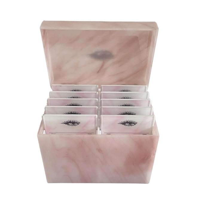 10 Layers Acrylic Eyelash Storage Box,Eyelash Holder Extension Tool,Makeup Organizer False Eyelashes Glue Pallet Holder, Grafting Eye lashes Close-Packed Display with 10 Pallets (Marble Pink)