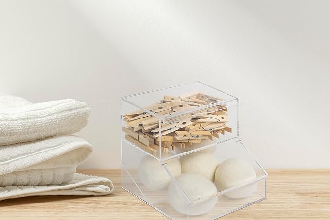 Inevibe Laundry Pod Holder & Dryer Sheet Dispenser - 2 Compartment Acrylic Container w/Lids for Storing Clothes Pins, Dishwasher Pods for Laundry Room Organization