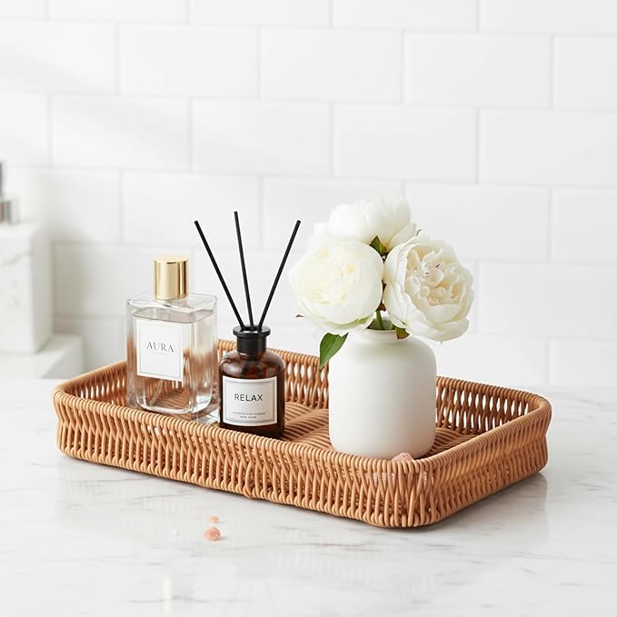 Toilet Tank Tray Storage Basket, Metal Woven Bathroom Basket Decorative Tray for Toilet Paper Storage, Wicker Vanity Organizer Bin with Non-Slip Feet for Bathroom Counter or Back of Toilet-Brown