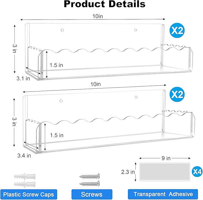10 inch Spice Rack Wall Mounted,4 Pack Spice Organizer Shelf for Stove Cabinet Pantry Door, Adhesive or Screw Hanging Wall Spice Shelf Storage Holder in Kitchen and RV - Clear Color