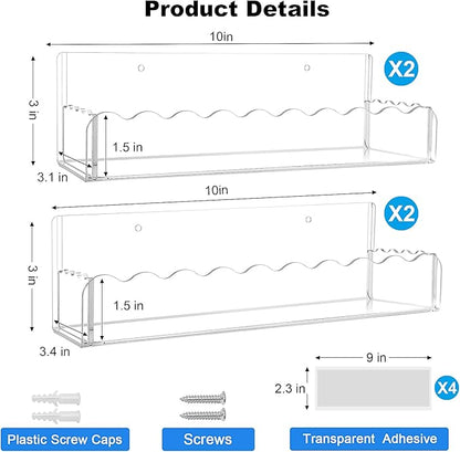 10 inch Spice Rack Wall Mounted,4 Pack Spice Organizer Shelf for Stove Cabinet Pantry Door, Adhesive or Screw Hanging Wall Spice Shelf Storage Holder in Kitchen and RV - Clear Color