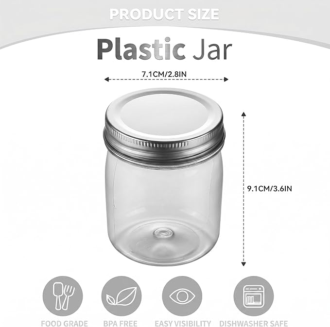 novelinks 8 oz Clear Plastic Jars with Airtight Lids, 8 Pack Plastic Mason Jars with Lids 8oz, Refillable Storage Slime Containers & Small Spice Jar for Kitchen Organization (8 Pack,Silver)