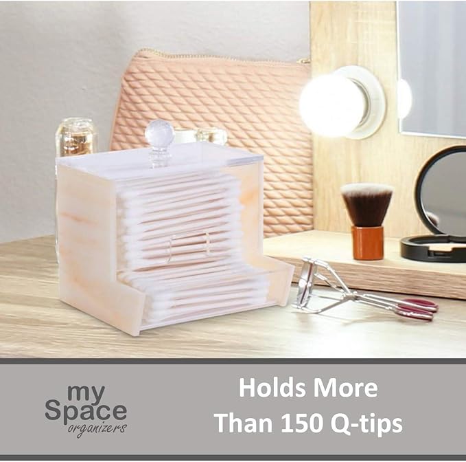 My Space Organizers Yellow Marble Acrylic Qtip Holder for Qtip Brand Cotton Swab Holder, Qtip Dispenser, Modern Bathroom Decor Organizer for Countertop Vanity Storage (Yellow Marble)