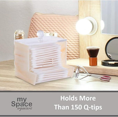 My Space Organizers Yellow Marble Acrylic Qtip Holder for Qtip Brand Cotton Swab Holder, Qtip Dispenser, Modern Bathroom Decor Organizer for Countertop Vanity Storage (Yellow Marble)