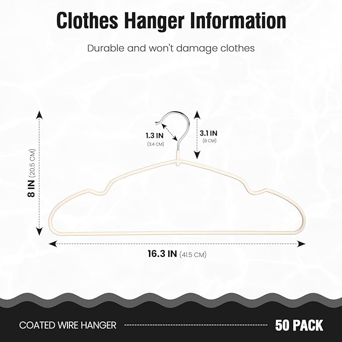 Jiang&Rong 50 Pack Non Slip Rubber Coated Metal Hangers, Wire Coat Hangers, Space Saving Thin Design for Clothes, Sweaters, Shirts & Pants - White