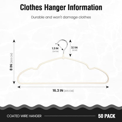Jiang&Rong 50 Pack Non Slip Rubber Coated Metal Hangers, Wire Coat Hangers, Space Saving Thin Design for Clothes, Sweaters, Shirts & Pants - White