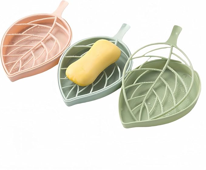 Leaf-Shaped Soap Dish Set, 2-Tier Soap Holder Drain Rack, Leaf Design - No Drill Wall Mount, Detachable Bathroom Organizer for Shower Sink (Pastel Green/Blue/Pink)