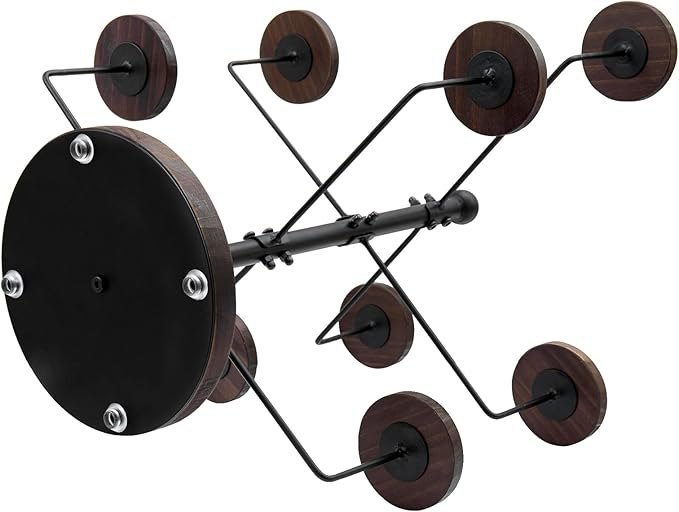 MyGift Industrial Matte Black Metal Tabletop Hat Stand with Round Rustic Burnt Solid Wood Hangers, Home or Commercial Table Display Rack with 8 Cap Holders