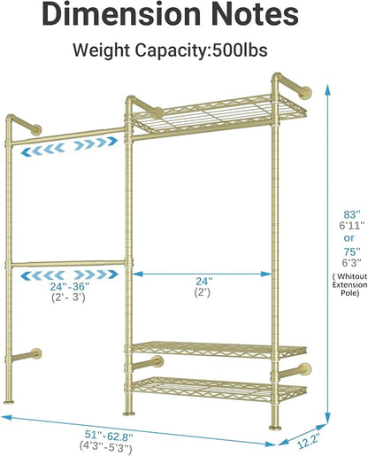 Timate F2 Industrial Pipe Clothes Rack Wall Mounted Clothing Rack for Hanging Clothes, Expandable Garment Rack Heavy Duty Wardrobe Closet Organizer and Storage, Adjustable Industrial Closet Kit, Gold