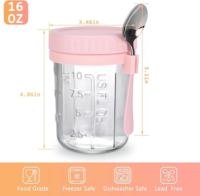 OcePor 6 Pack Overnight Oats Containers with Lids and Spoons, 16 OZ Glass Mason Overnight Oats Jars, Large Capacity Airtight Jars for Milk, Cereal, Fruit(Pink)