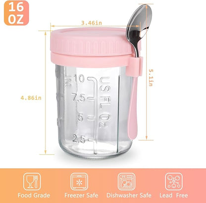 OcePor 6 Pack Overnight Oats Containers with Lids and Spoons, 16 OZ Glass Mason Overnight Oats Jars, Large Capacity Airtight Jars for Milk, Cereal, Fruit(Pink)