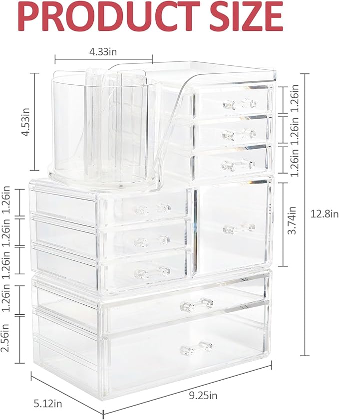 Clear Makeup Organizer with 9 Drawers & Rotating Brush Holder - Large Capacity Cosmetic Display Cases Storage for Vanity, Countertop, Bathroom, Lipstick and Skincare Organization