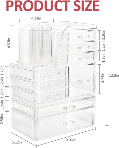Clear Makeup Organizer with 9 Drawers & Rotating Brush Holder - Large Capacity Cosmetic Display Cases Storage for Vanity, Countertop, Bathroom, Lipstick and Skincare Organization