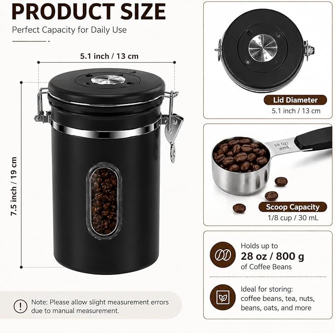 Black Coffee Canister Airtight 22oz Stainless Steel Coffee Bean Storage Container with Date Tracker, Window & One-Way CO2 Valve, Kitchen Coffee Jar for Beans, Ground Coffee, Tea, Sugar, Rice