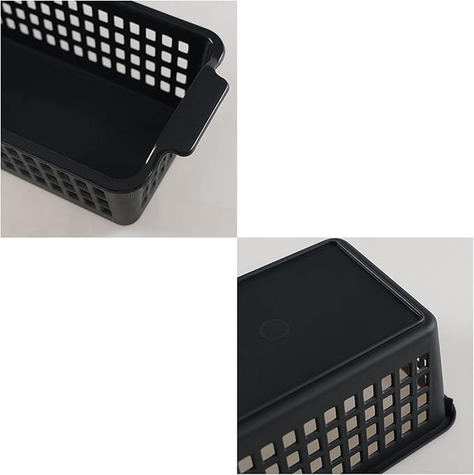 4 Pcs Slim Plastic Storage Baskets Tray for Organizing, 12.4 x 5.1 x 3.5 Inch Small Storage Bins, Stackable Drawer Containers Trays Holder for Desk Garage Office (Black)