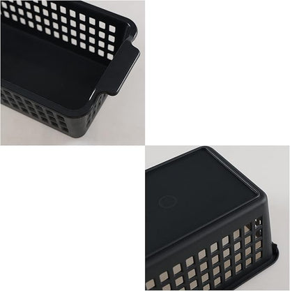 4 Pcs Slim Plastic Storage Baskets Tray for Organizing, 12.4 x 5.1 x 3.5 Inch Small Storage Bins, Stackable Drawer Containers Trays Holder for Desk Garage Office (Black)