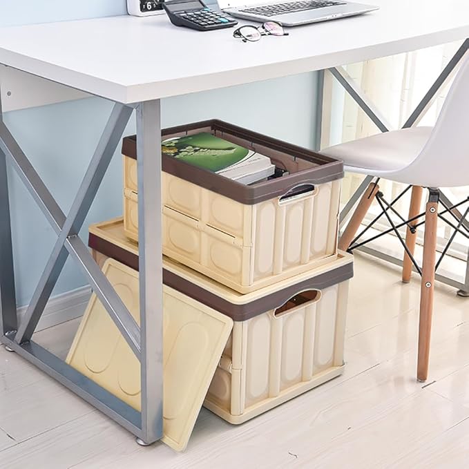 Collapsible Storage Box with lid 30L Lidded Storage Bin Crates Plastic Tote Container Stackable Folding Utility Crates Shelf Basket for Clothes Books Snack Shoe Storage Container (Khaki)
