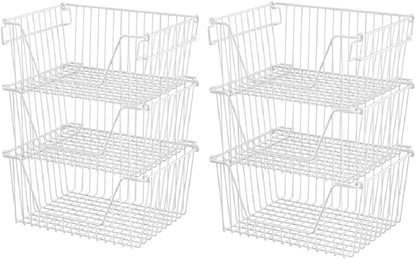 Slideep 14'' Large Metal Wire Storage Organizer Bin Basket Farmhouse Decor Stackable Storage Organizer for Pantry Home Bathroom Kitchen Organization White - 6 Pack