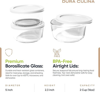 6-Piece Glass Food Storage Containers Set (3 Containers + 3 BPA-Free Lids) | 2-Cup, Leakproof | Microwave, Freezer, Oven & Dishwasher Safe | Ideal for Meal Prep & Pantry Organization, White