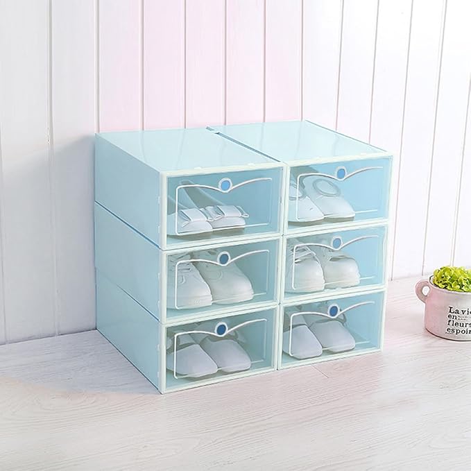 OSALADI 6PCS Transparent Stackable Shoe Boxes Thicken Plastic Storage Containers with Doors for Closet Entryway and Small Item Organization S Blue