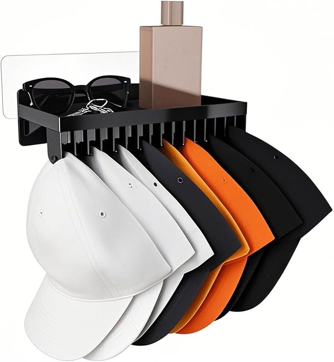 MAGTSMEI Multi-functional Baseball Hat Rack for Wall,Hat Organizer for Baseball Caps with Shelf,Over Door Hat Storage Holder Up to 16 Hats for Closet-Black