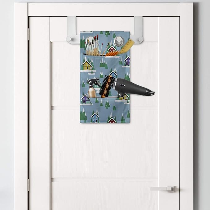 Ambesonne House Hanging Pocket Organizer, Rectangular Trilateral Homes Windows Door Knobs Snow on Pointy Trees Christmas Time, Printed Polyester Storage Bag with Pockets, 9" x 16", Multicolor