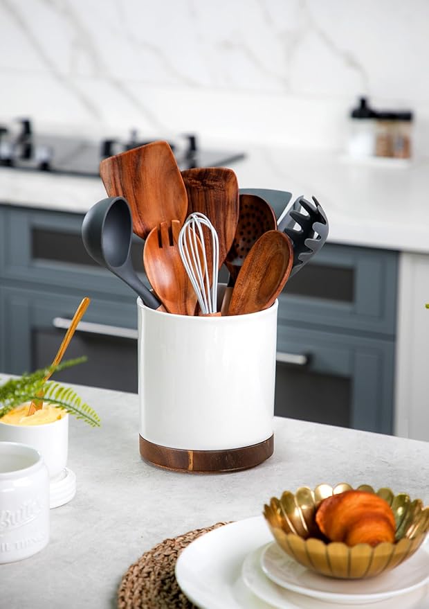 Nucookery 360° Rotating Utensil Holder, 7.2" Large Utensil Crock, White Ceramic Cooking Utensil Organizer with Countertop-Protection Cork Bottom for Farmhouse Kitchen Decor Christmas Gift (White)