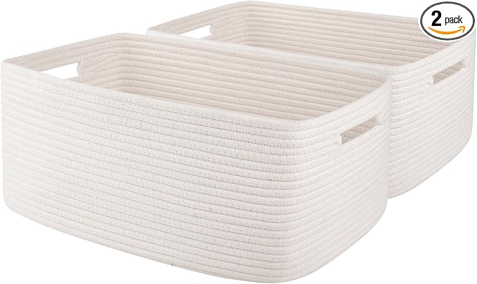 OIAHOMY Storage Basket for Shelves, Closet Cube Storage Bins Baskets for Clothes Blanket Towels, Baby Nursery, Toy Baskets Box, Woven Rope Basket, 17.72 * 12.99 * 7.87 IN, 2 Packs White