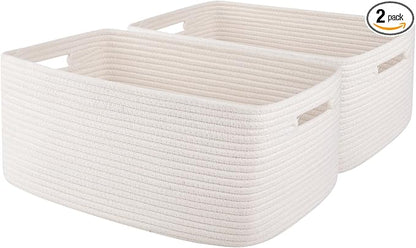 OIAHOMY Storage Basket for Shelves, Closet Cube Storage Bins Baskets for Clothes Blanket Towels, Baby Nursery, Toy Baskets Box, Woven Rope Basket, 17.72 * 12.99 * 7.87 IN, 2 Packs White