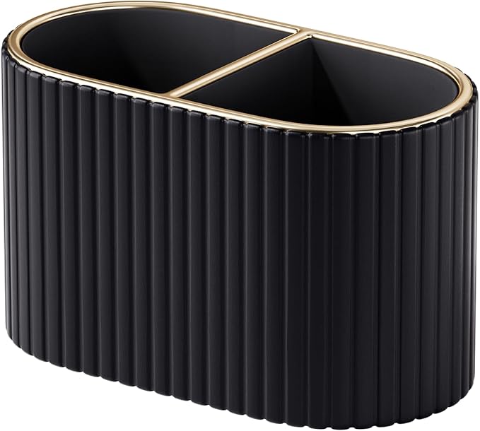 KINGFOM Makeup Brush Holder Organizer with Divider, PU Leather Vanity Brush Holder for Bathroom Countertop & Dressing Table, Cosmetic Desktop Storage Caddy for Makeup Tools Oval (Black)