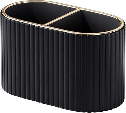 KINGFOM Makeup Brush Holder Organizer with Divider, PU Leather Vanity Brush Holder for Bathroom Countertop & Dressing Table, Cosmetic Desktop Storage Caddy for Makeup Tools Oval (Black)