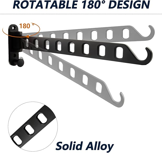 2 Pack Swing Arm Clothes Hanger Rack Wall Mount, Laundry Room Drying Rack with Swing Arm, 8 Holes and 180°Rotation, Swing Away Hanger Rack, Sturdy Hanging, Solid Aluminum (Black)