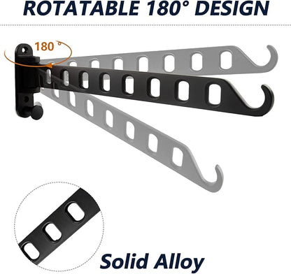 2 Pack Swing Arm Clothes Hanger Rack Wall Mount, Laundry Room Drying Rack with Swing Arm, 8 Holes and 180°Rotation, Swing Away Hanger Rack, Sturdy Hanging, Solid Aluminum (Black)