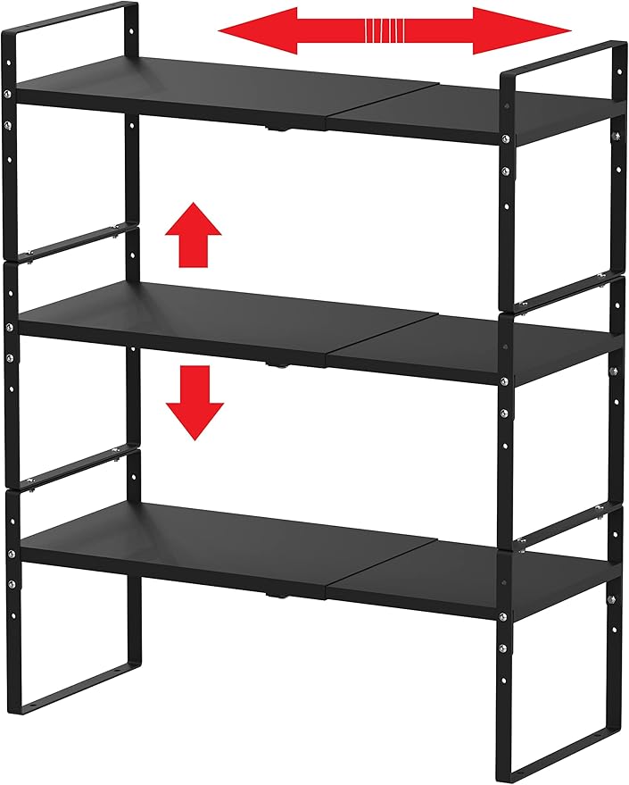 Jojocross Expandable Stackable Spice Rack Cabinet Shelf Organizer in Cabinets Shelves Kitchen Cupboard Organization Stack up Racks Pantry Countertop Storage Large/Black 3 Packs