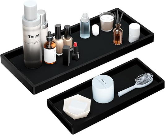 BBK Bathroom Vanity Tray- 2 Pack (7.8" and 11.8") Silicone Bathroom Tray for Counter, for Perfume Key Trinket Ring Soap Organization - Black