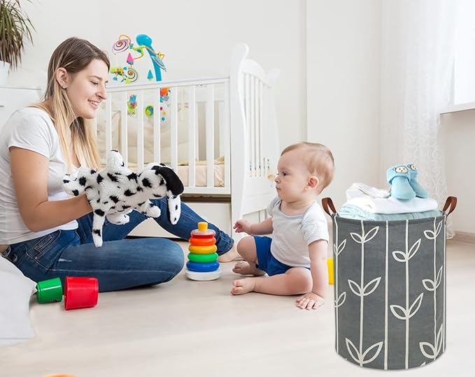 Large Storage Baskets,Waterproof Laundry Baskets,Collapsible Canvas Basket for Storage Bin for Kids Room,Toy Organizer,Home Decor,Baby Hamper (Grey leaves)