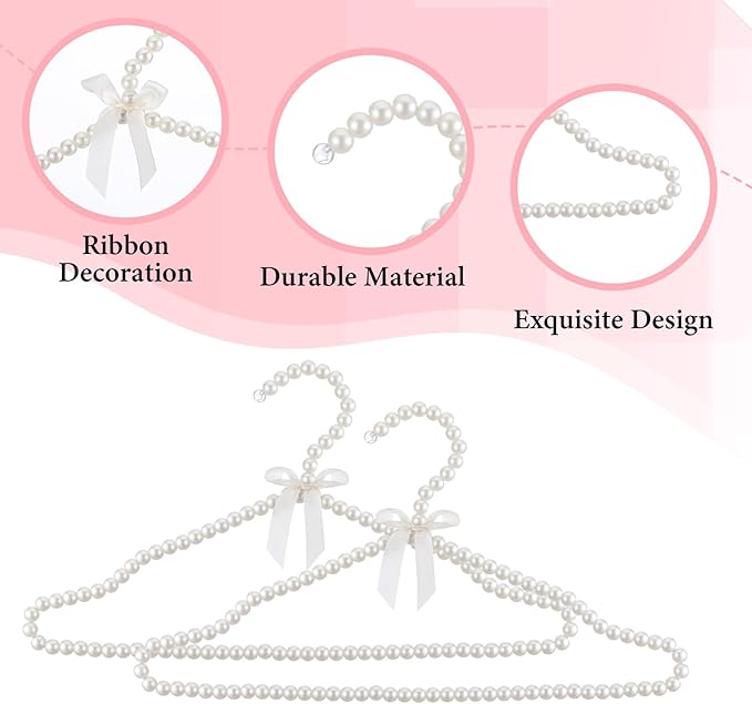 5 Pack Pearl Beaded Clothes Hangers Clothing Hanger with Ribbon Bowknot Elegant Bridesmaid Hangers Closet Coat Storage Organizer for Women Bride Wedding (White)