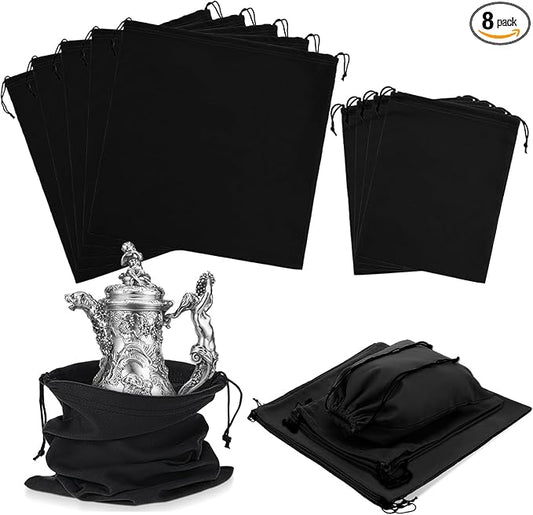 8PCS Silver Storage Bags Anti Tarnish with Drawstring 18" x 18" 9" x 12" Anti Tarnish Jewelry Storage, Velvet Silverware Polishing Storages Pouch for Jewelry, Flatware, Trays, Vase (Black)