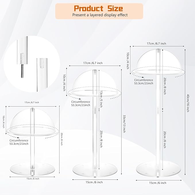 Acrylic Hat Stands for Display, 3 Sets 8" 13" 16" Adjustable Height Baseball Cap Holder, Durable Cowboy Hat Rack Stand, Wig Holder Display Stands for Vendors Retail Salons Home Closet