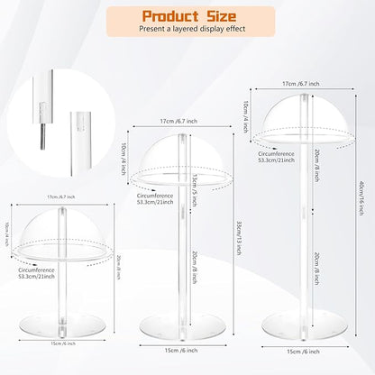 Acrylic Hat Stands for Display, 3 Sets 8" 13" 16" Adjustable Height Baseball Cap Holder, Durable Cowboy Hat Rack Stand, Wig Holder Display Stands for Vendors Retail Salons Home Closet