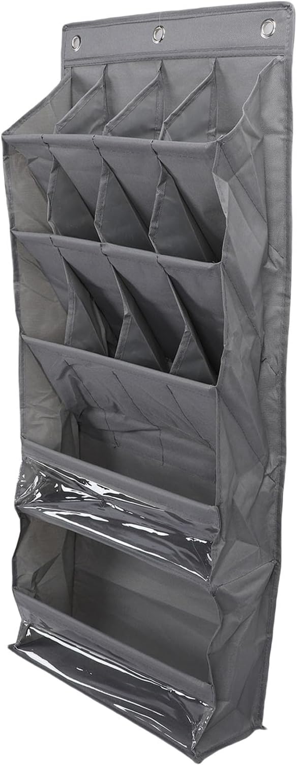 Over The Door Shoe Bag with Pockets | 600D Oxford Fabric Breathable Hanging Storage | Space Saving Shoe Rack for Closet/Dorm/Entryway | Multi - Purpose Organizer, Hooks (Gray)