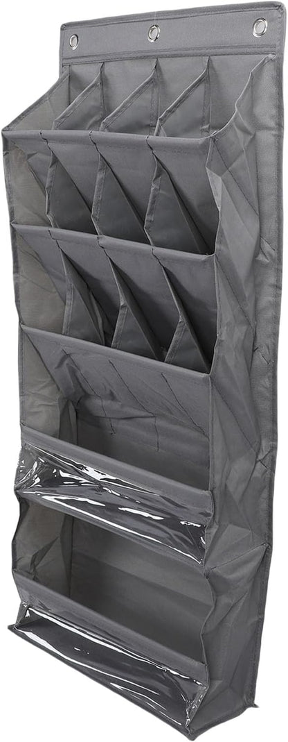 Over The Door Shoe Bag with Pockets | 600D Oxford Fabric Breathable Hanging Storage | Space Saving Shoe Rack for Closet/Dorm/Entryway | Multi - Purpose Organizer, Hooks (Gray)