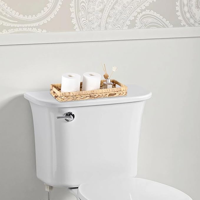 Bathroom Vanity Tray, Water Hyacinth Narrow Counter Tray with Handles, Decorative Woven Organizer Trays for Toilet Tank, Shelves, Farmhouse Hand Towels Basket Holder for Storage (Large)