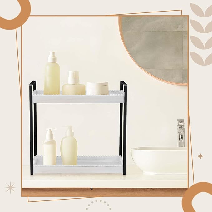 DoubleFill Bathroom Countertop Organizer, 2 Tier Wood Bead Vanity Organizer Tray for Bathroom Cosmetic Skincare Perfume Kitchen Coffee Station Organization(White,Retro)